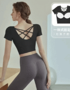 Yoga clothing top set women's fixed chest pad 2025 new Pilates training internet celebrity short-sleeved sports fitness clothing