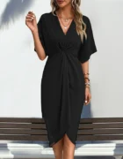 summer women dresses ladies skirt raglan sleeve solid color irregular V-neck dress