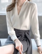 2025 spring new white shirt women's tops high-end temperament chiffon v-neck professional collarless long-sleeved shirt
