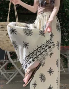 Vacation ethnic style printed ice silk cotton and linen wide-leg pants and skirts for women summer thin high-waist drape loose flesh-covering casual pants