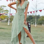 Bohemian resort style irregular short-sleeved floral cotton silk dress with tie waist