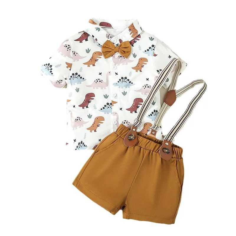 Brown three-piece suit, shirt, shorts, suspenders