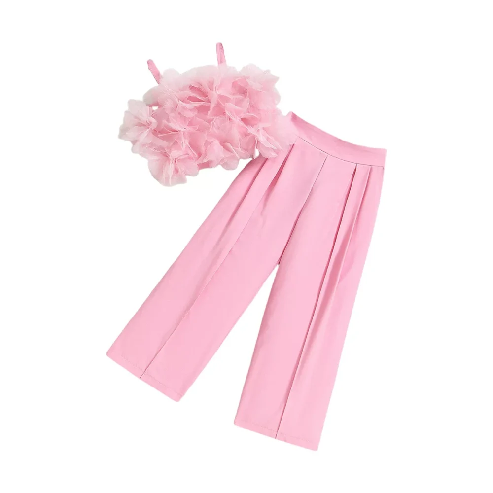 Pink two-piece suit tops and pants