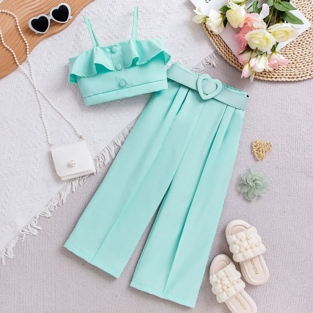 Turquoise three-piece suit, top, pants, belt