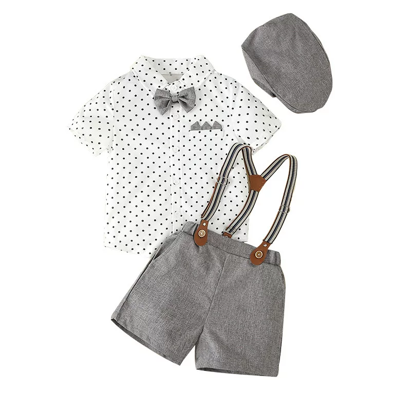Gray three-piece suit, shirt, overalls, hat