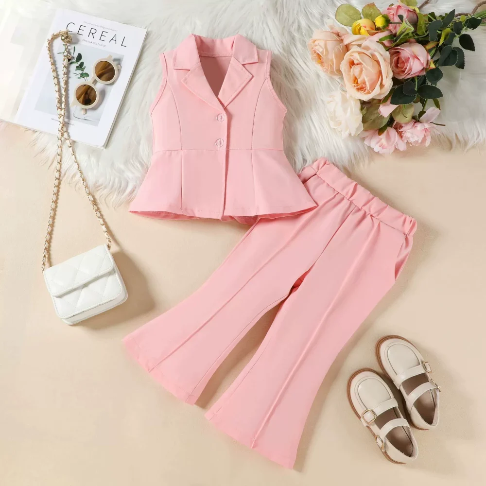 Pink two-piece suit tops and pants