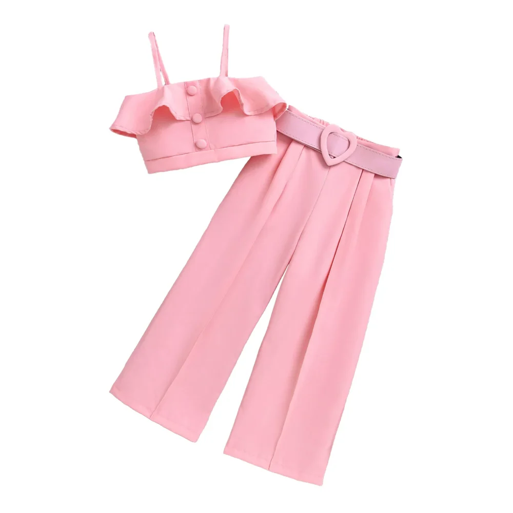 Pink three-piece suit, top, pants, belt