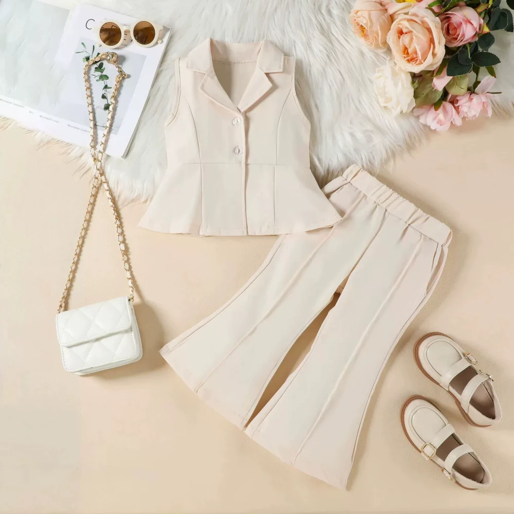 Beige two-piece suit tops and trousers