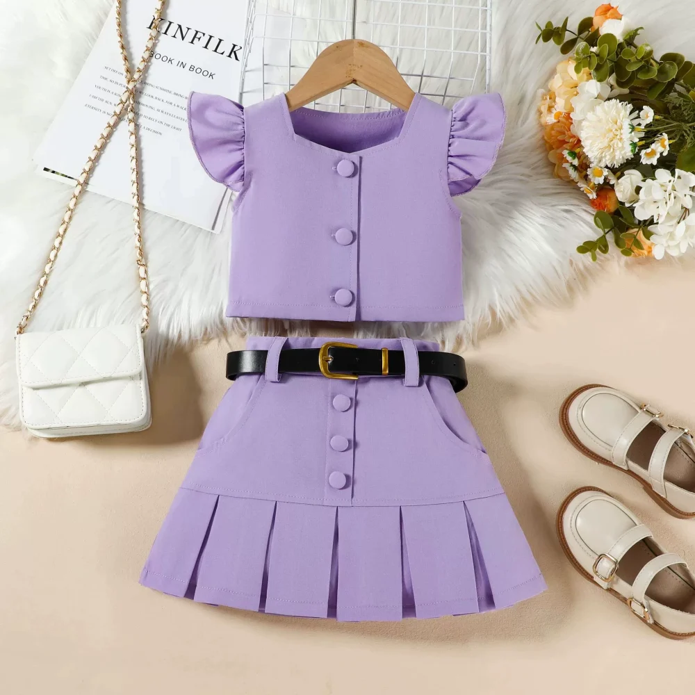 Purple three-piece suit, top, skirt, belt