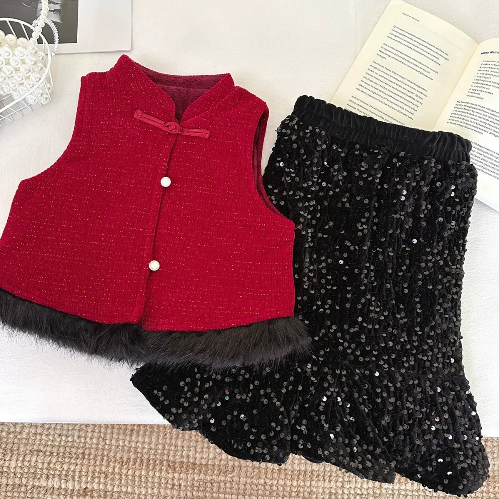 Red and black two-piece set, sweater not included