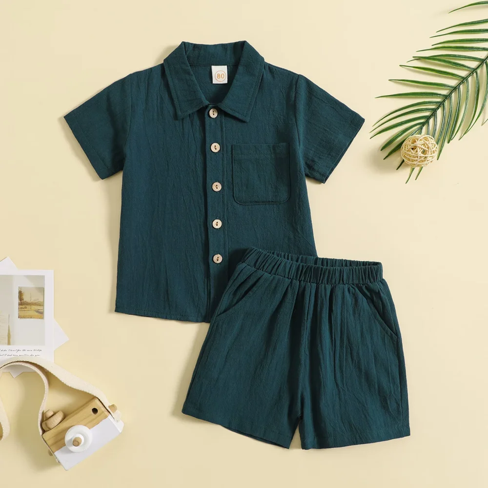 Dark green two-piece set, short sleeves, shorts