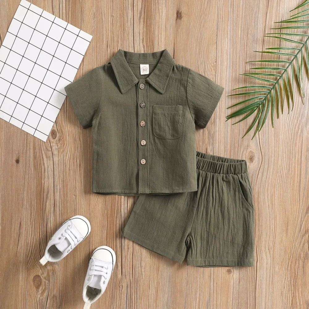 Army green two-piece set, short sleeves, shorts