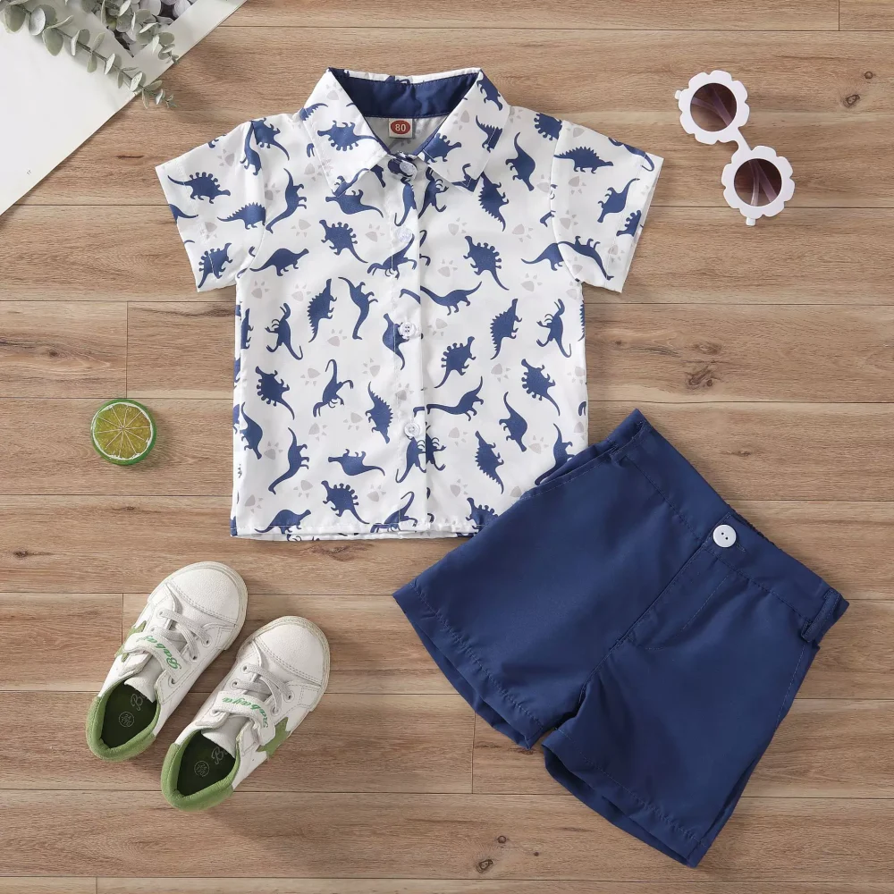 Blue dinosaur two-piece shirt shorts