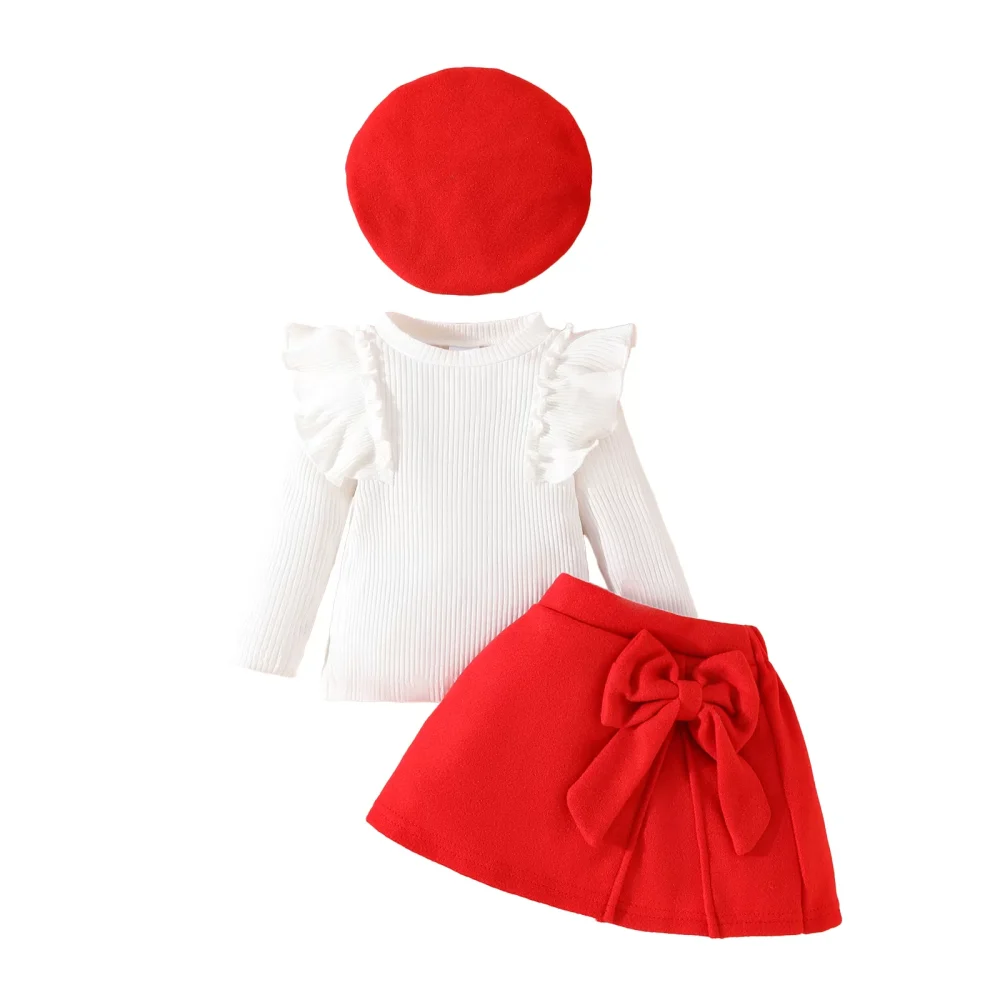 Red three-piece suit, long-sleeved top, skirt, hat
