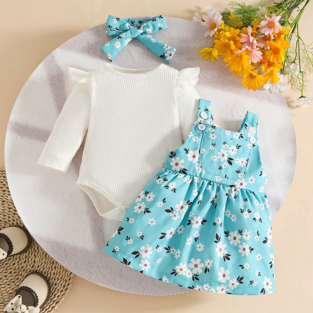 Sky blue three-piece suit, khaki, skirt, headband
