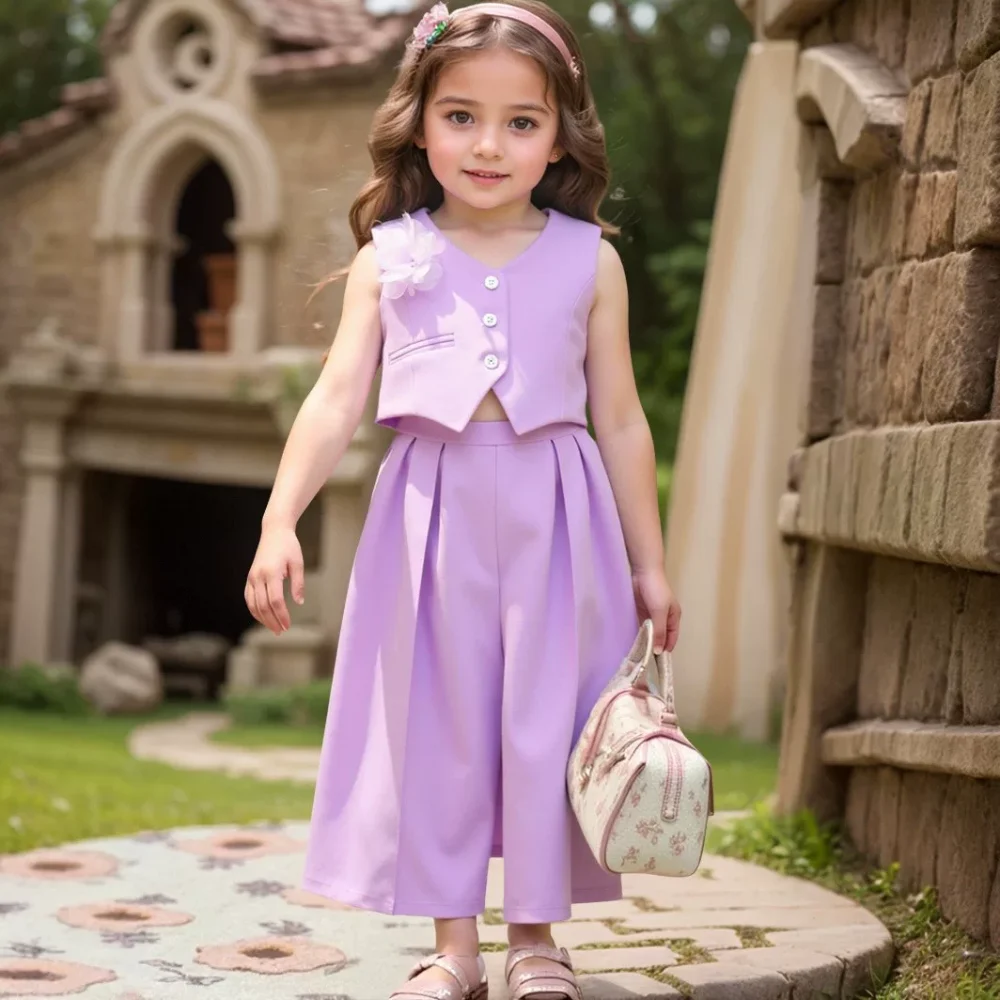 Purple two-piece suit, vest, wide-leg pants