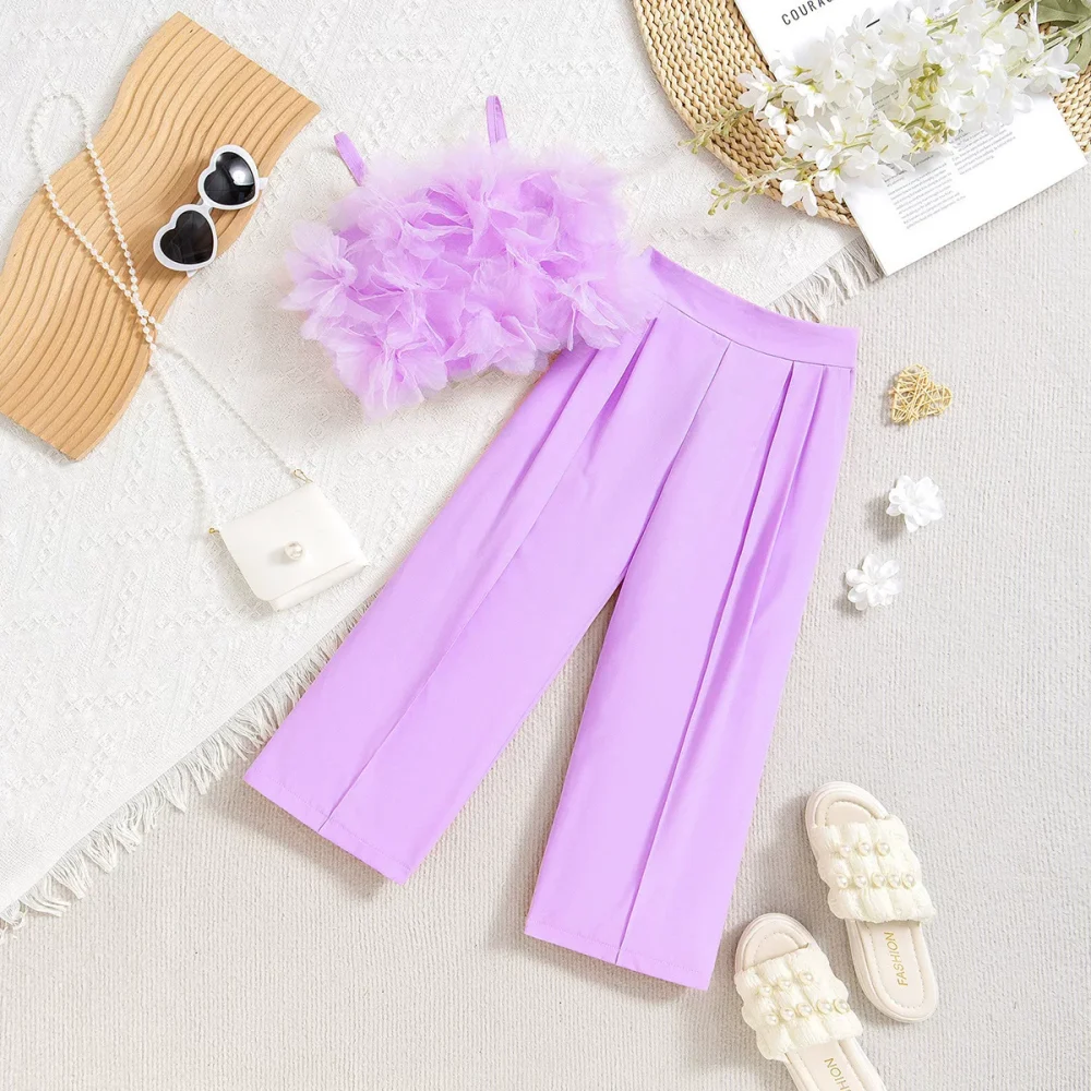 Purple two-piece suit tops and pants