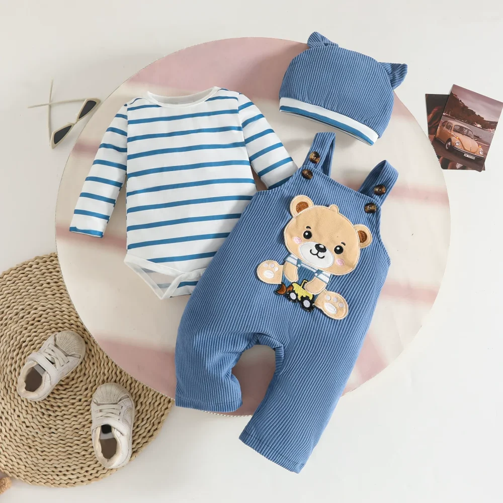 Sky blue bear three-piece suit overalls hat