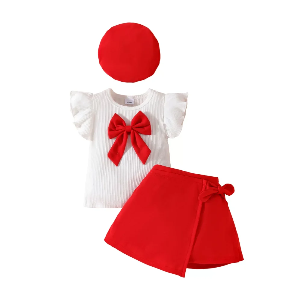 Red flying sleeve three-piece suit, top, skirt, hat