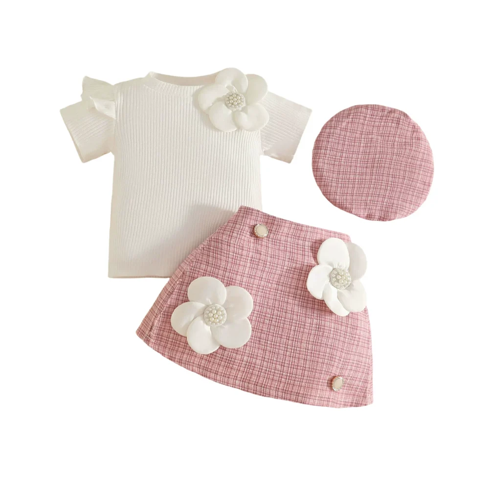 Pink floral three-piece set, short sleeves, skirt, hat