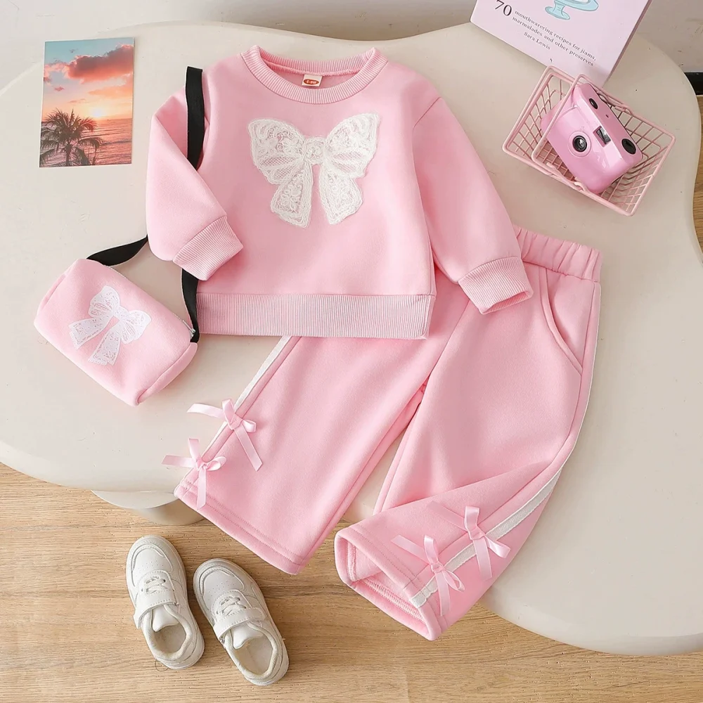 Pink three-piece sweatshirt, pants, backpack