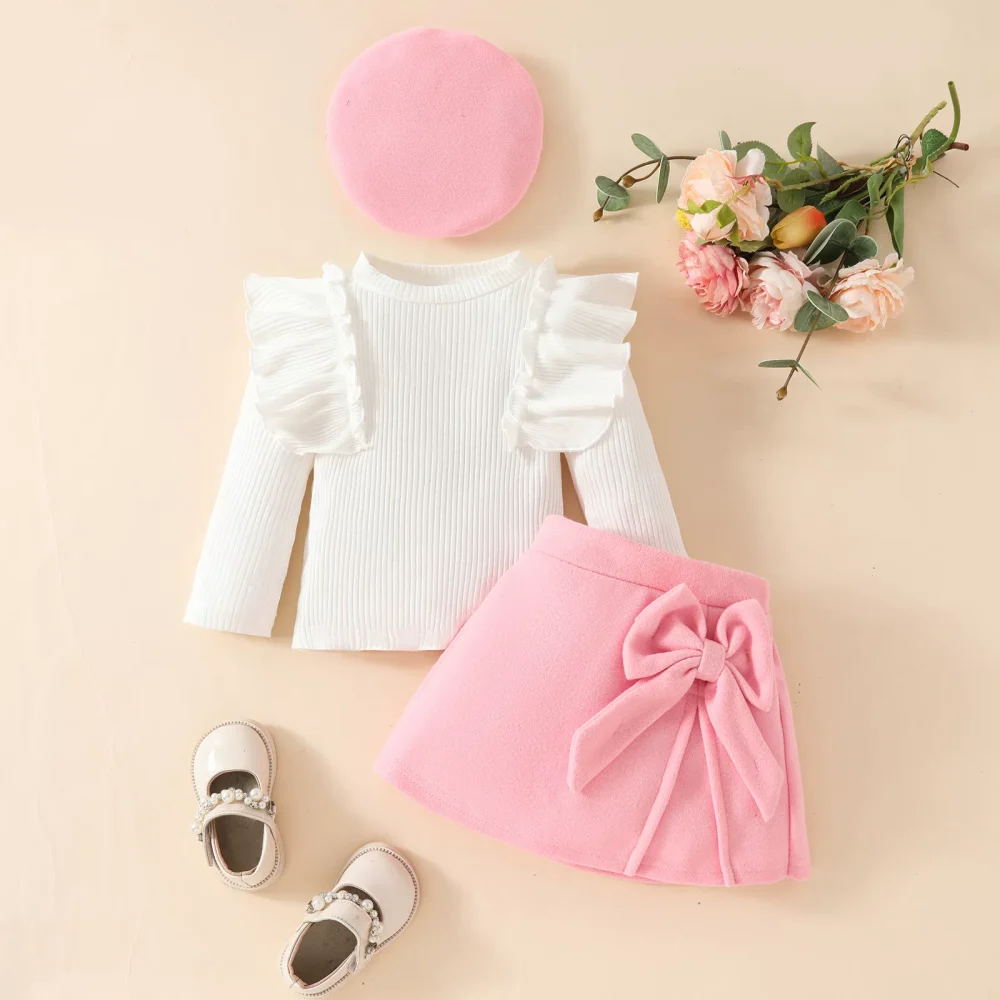 Pink three-piece suit, long-sleeved top, skirt, hat