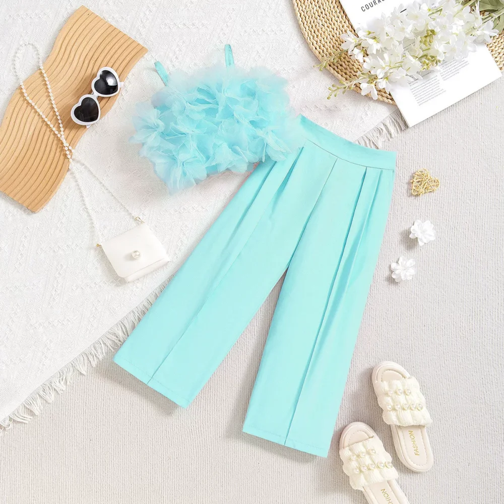 Blue two-piece suit tops and pants