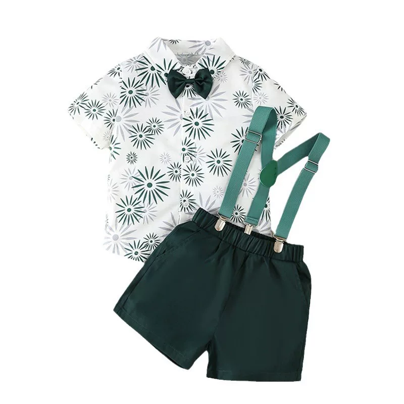 Dark green three-piece suit, shirt, shorts, suspenders