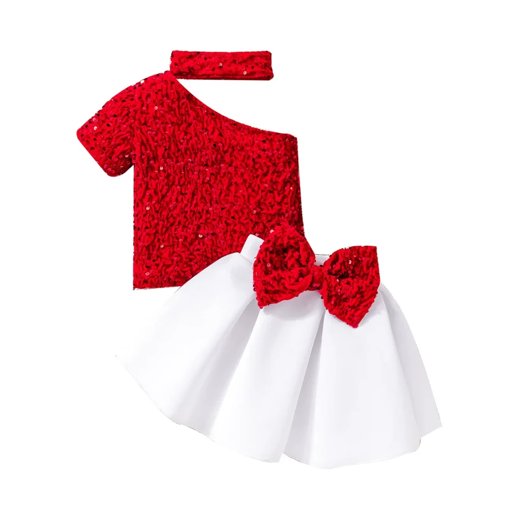 Red short-sleeved white skirt two-piece set top skirt