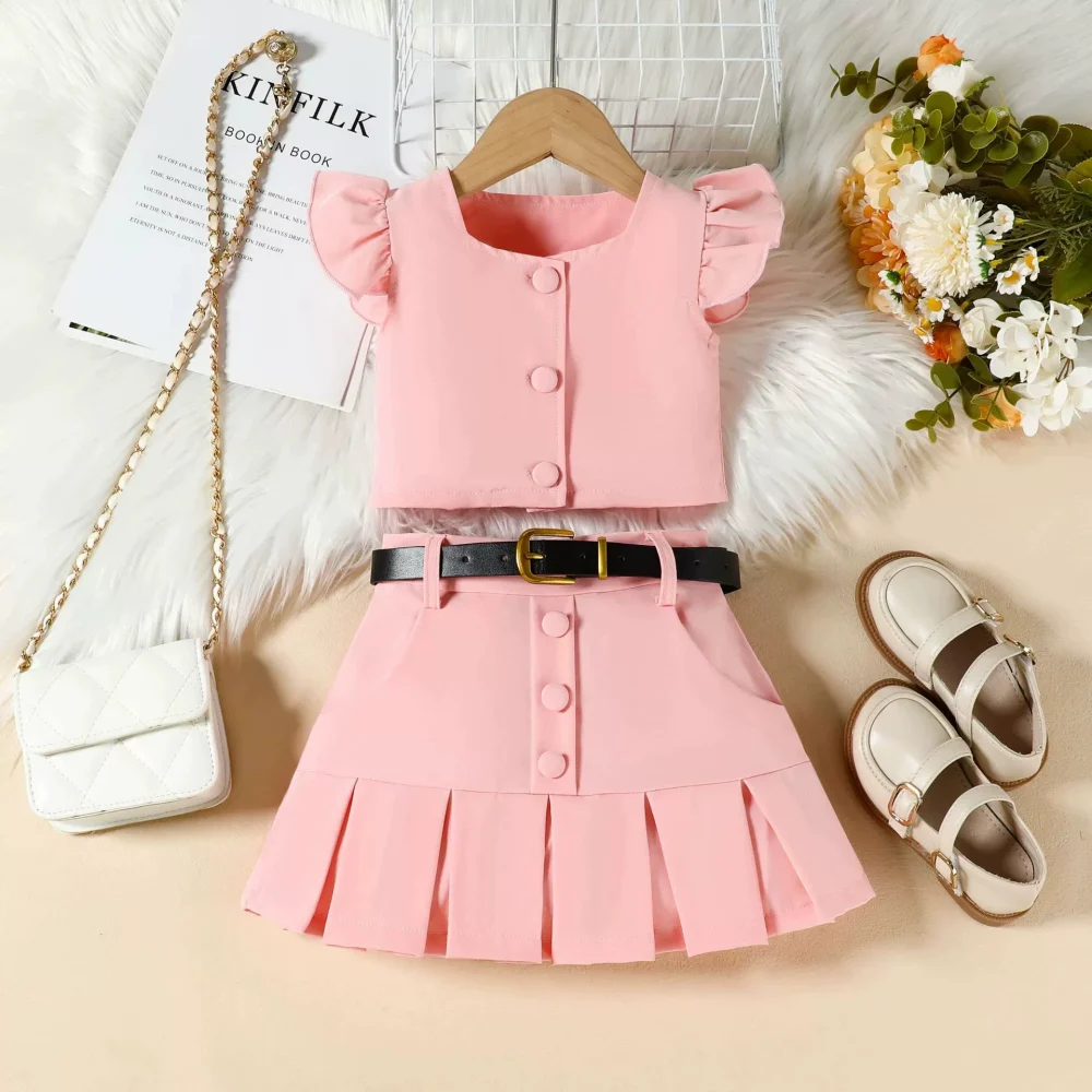 Pink three-piece suit, top, skirt, belt