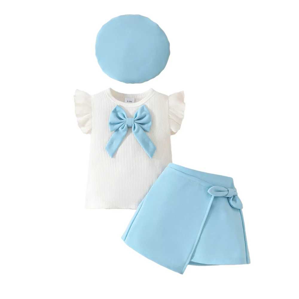 Lake blue flying sleeves three-piece suit top skirt hat