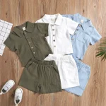 Summer boys solid color lapel cotton short-sleeved shirt shorts suit children's casual two-piece foreign trade children's clothing