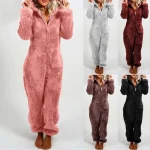 Autumn and winter new foreign trade coral fluff warm jumpsuit hooded pajamas for women