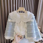 Girls long-sleeved round collar blue small fragrant jacket 2025 spring new style fashionable top for baby girls