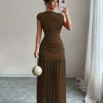 2026 cross-border European and American style new fashion and elegant boat neck sleeveless hollow mesh pleated waist dress