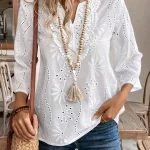 2025 cross-border European and American style new V-neck temperament commuter embroidered trumpet sleeve lace chiffon shirt