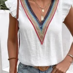 European and American summer women's ethnic style retro holiday shirt deep V lace hollow linen flying sleeve short-sleeved shirt top