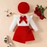 1-3-5 year old baby girl spring skirt suit toddler girl bow long-sleeved top plus velvet skirt