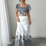 2025 cross-border European and American style summer new elegant resort style printed A-line skirt suit for women