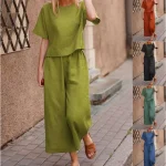 Cross-border European and American large size women's casual loose round neck short-sleeved solid color cotton and linen suit two-piece set