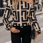 2024 cross-border European and American style autumn new fashion printed versatile long-sleeved one-neck top (multi-color)