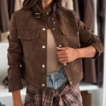 European and American style autumn and winter women's stand-up collar long-sleeved suede jacket loose casual jacket