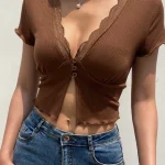 European and American navel-baring short-sleeved T-shirt for women summer lace pure lust v-neck sexy cardigan knitted hot girl top