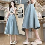 Real Shot  New Elastic Denim Long Skirts Slimming Versatile below the Knee