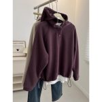 Wind Solid Color Hooded Pullover Sweatshirt Women Fleece-Lined and Thickened Loose Fit Lazy Cap Shirt