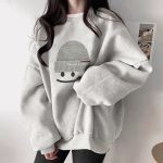 Cotton Composite Thin Style Fleece-Lined Round Neck Sweatshirt