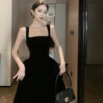 French Strap Dress Women's Tight Waist Elegant Large Skirt Black Dress