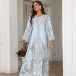 A stylish abaya with a soft, flowing silhouette and refined print design