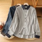 Printed Stripes Shirt Coat for Women Color Block Turn-Down Collar Long Sleeve Shirt